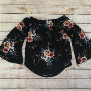 Off the shoulder, bell bottom sleeve, flowered top